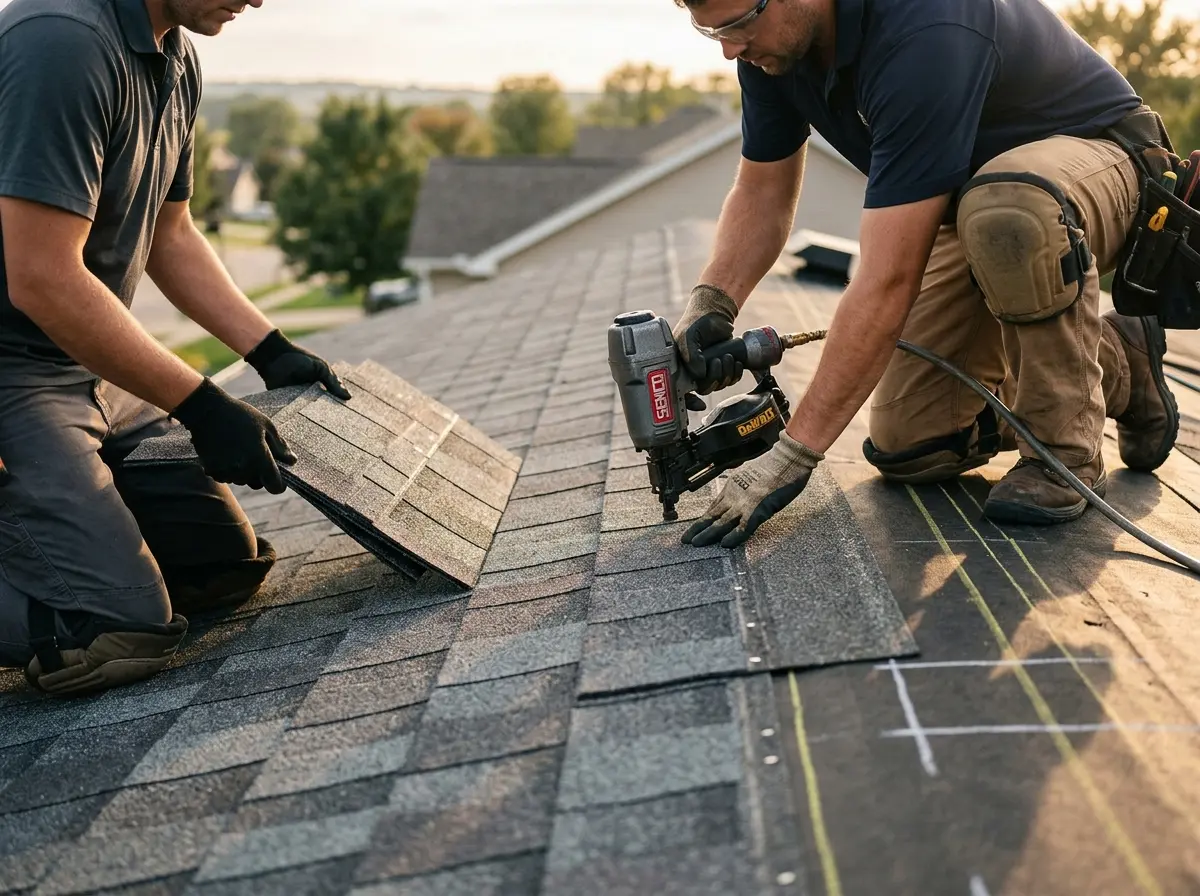 Professional roofer working on a residential roof in Northchase